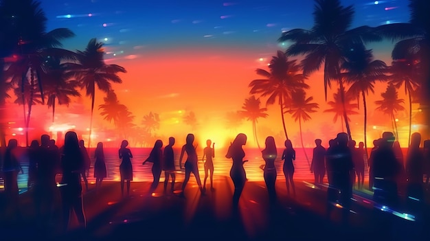 Nocna impreza na plaży z niewyraźnym tańczącym tłumem ludzi bawiących się