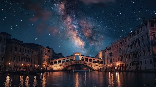 Nocna Odyssey Dramatyczna długa ekspozycja Zdjęcie nowoczesnego mostu z odblaskową wodą poniżej otoczonego chmurami i galaktyką Drogi Mlecznej powyżej