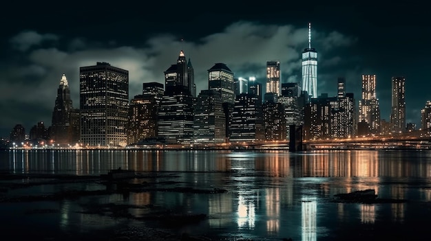 Nocna panorama Manhattanu w Nowym Jorku Generative AI
