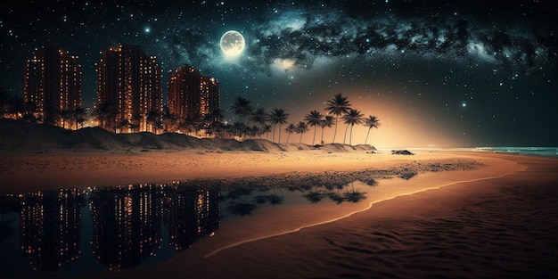 Nocna plaża Stworzona przy użyciu technologii generatywnej AI
