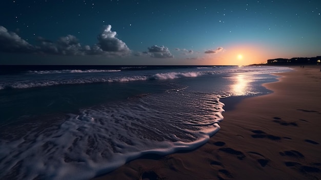 Nocna plaża z ciemnym piaskiem i łagodnymi falami genaratiGenerative AI
