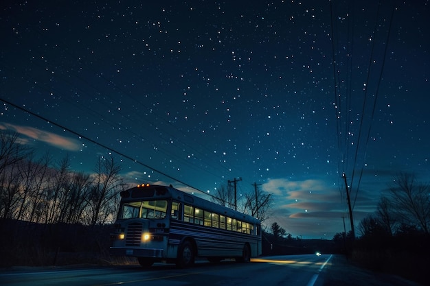 Nocna podróż autobusem pod gwiezdnym niebem