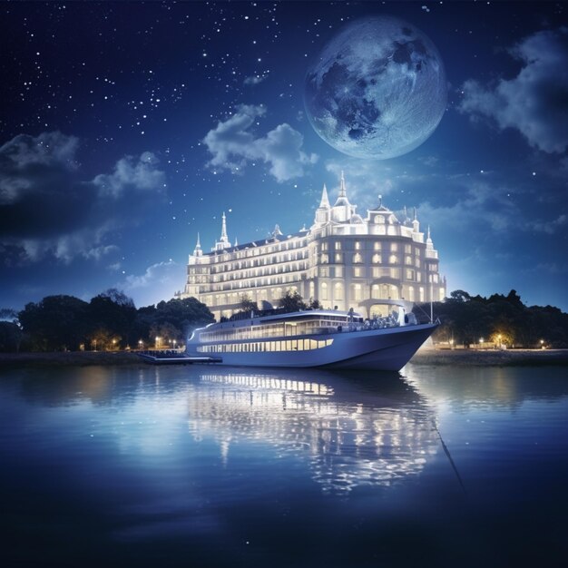 Zdjęcie nocna scena dużego statku wycieczkowego w wodzie z pełnią księżyca w tle generatywną ai