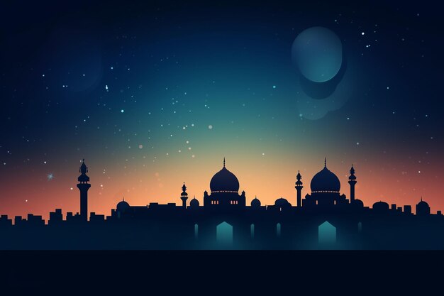 Nocna scena Eid i Ramadan z meczetem i księżycem w tle Generacyjna sztuczna inteligencja