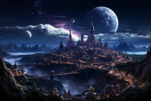 nocna scena fantastycznego miasta z mostem i księżycową sztuczną inteligencją