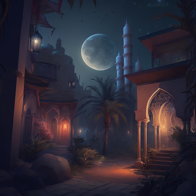 Nocna scena fantasy z meczetem i księżycem Generative AI