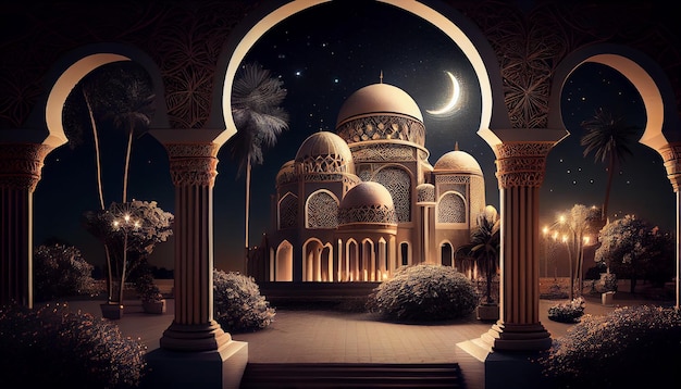Nocna scena meczetu z księżycem w tle
