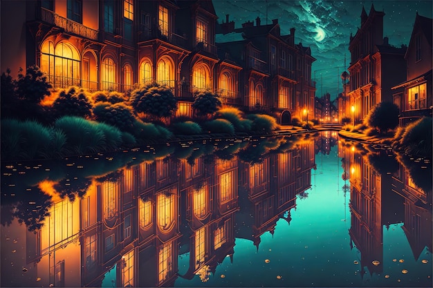 Nocna scena miejska z odbiciem w wodzie
