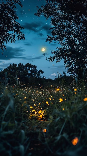 Zdjęcie nocna scena pola żółtych świetlików