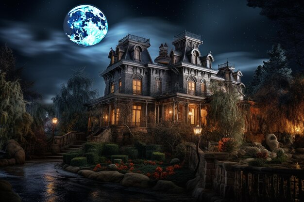 Zdjęcie nocna scena przerażającej rezydencji z pełnią księżyca na niebie generatywny ai