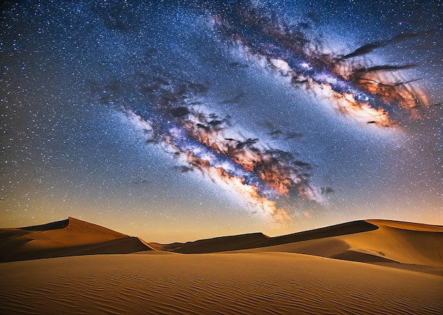Nocna scena pustyni z drogą mleczną i drogą mleczną na niebie