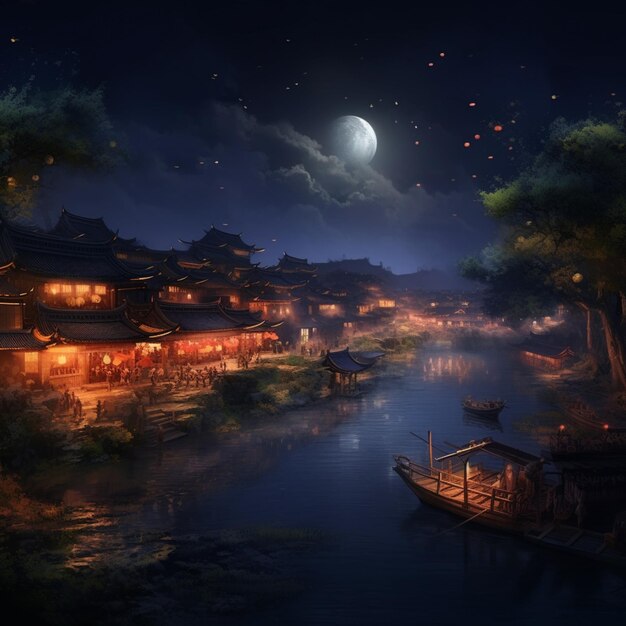 nocna scena rzeki z łodzią i generatywną sztuczną inteligencją pełni księżyca