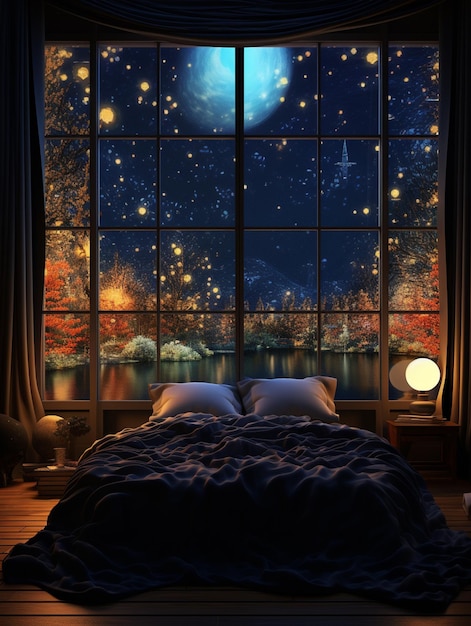 nocna scena sypialni z dużym oknem i widokiem na miasto generatywny ai
