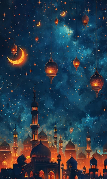 Nocna scena z latarniami i księżycowym ramadanem