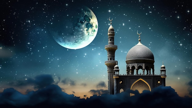 Nocna scena z meczetem i księżycem