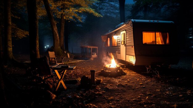 nocna scena z ogniem obozowym