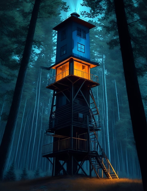 Nocna scena z wieżą w lesie i zapalonymi światłami.