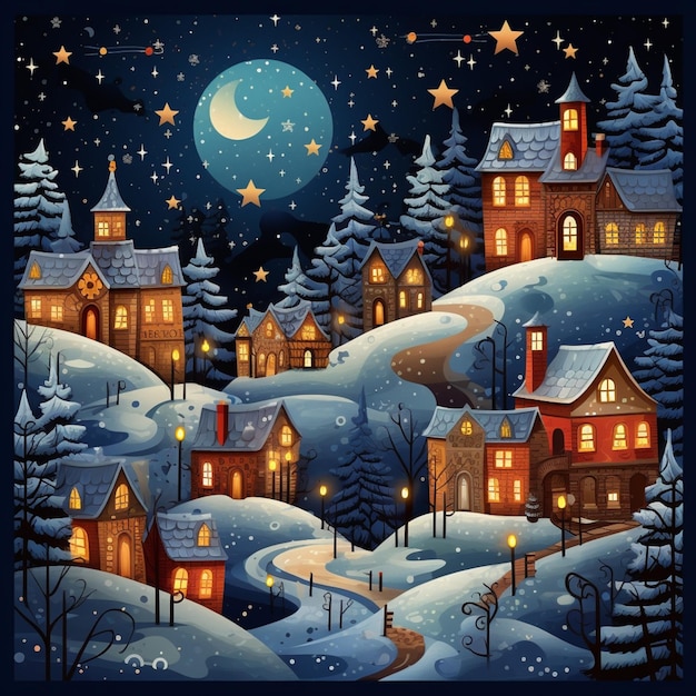 nocna scena zaśnieżonej wioski z pełnią księżyca i gwiazdami generatywnymi ai