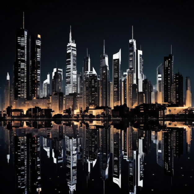 Nocna skyline Dubaju z odbiciem w wodzie