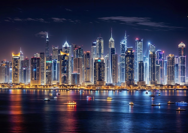 Nocna skyline Dubaju Zjednoczone Emiraty Arabskie Dubai