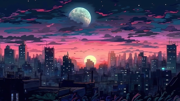 Nocna skyline miasta Koncepcja fantazji Obraz ilustracji