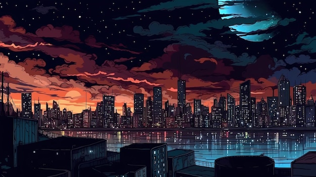 Nocna skyline miasta Koncepcja fantazji Obraz ilustracji