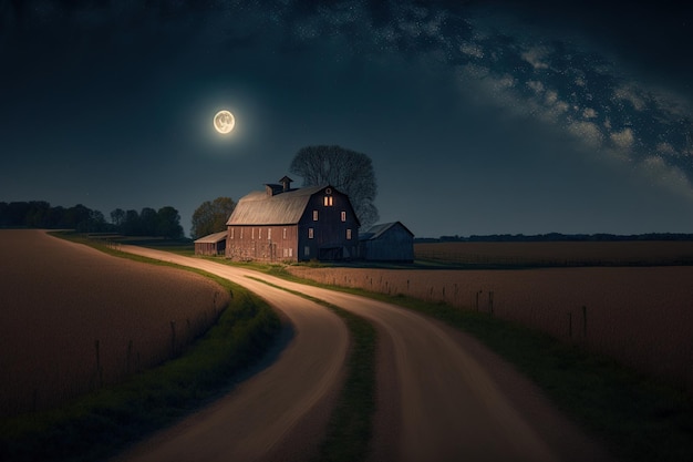 Zdjęcie nocna wiejska scena ze stodołą i długą drogą