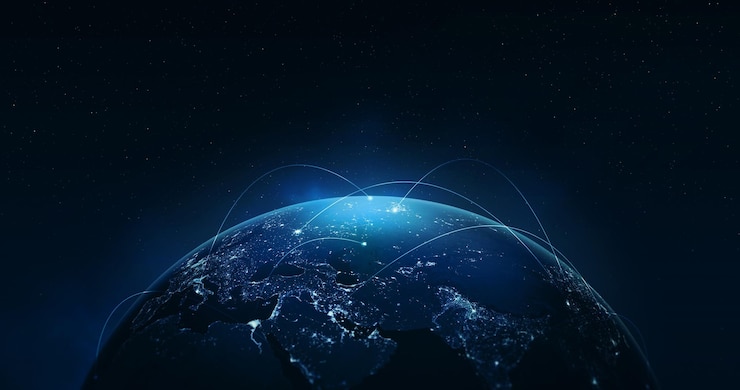 Nocna ziemia globalny wirtualny internet światowe połączenie technologii metaverse cyfrowej komunikacji sieciowej i ogólnoświatowej sieci na połączeniu tła 3d. Elementy tego obrazu dostarczone przez NASA.