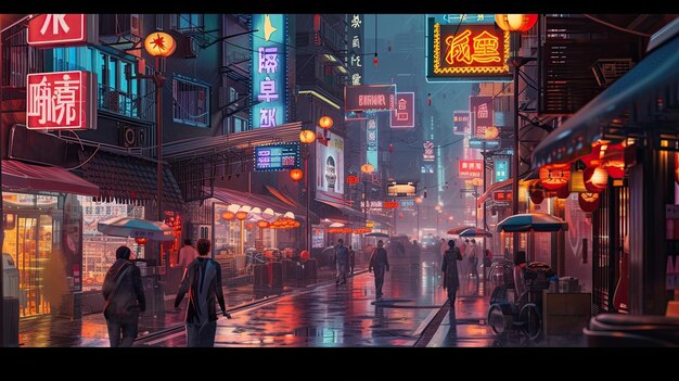 Nocne azjatyckie futurystyczne miasto z neonowymi znakami Wysokie budynki drapacze chmur cyberpunk nowoczesna miejska ulica Ruch samochodowy dużo ludzi hieroglify miasto przyszłości generowane przez AI