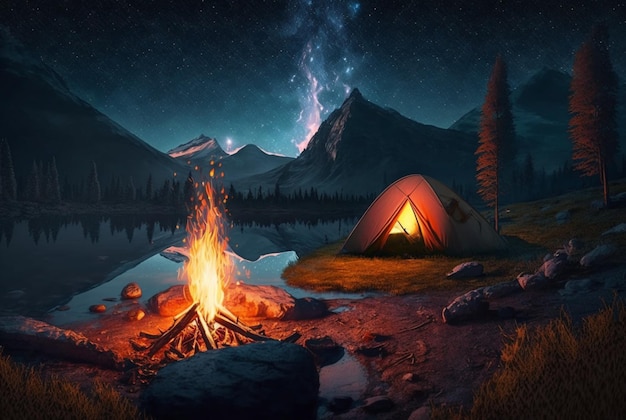 Nocne biwakowanie z ogniskiem i namiotem pod czystym, gwiaździstym niebem i generatywną ai Drogi Mlecznej