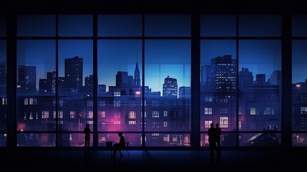 nocne budynki miasta okna z niewyraźnym światłem i ludźmi siluetthe