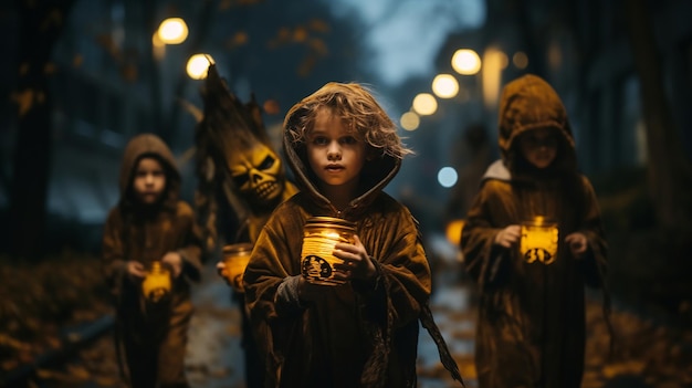 Nocne dzieci jesienią zbierają cukierki na Halloween