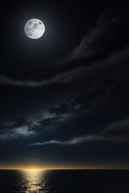 Nocne gwiaździste niebo, światło księżyca świecące na wodzie morskiej, samotne myśli, tapeta w tle