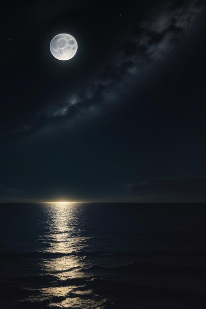 Nocne gwiaździste niebo, światło księżyca świecące na wodzie morskiej, samotne myśli, tapeta w tle