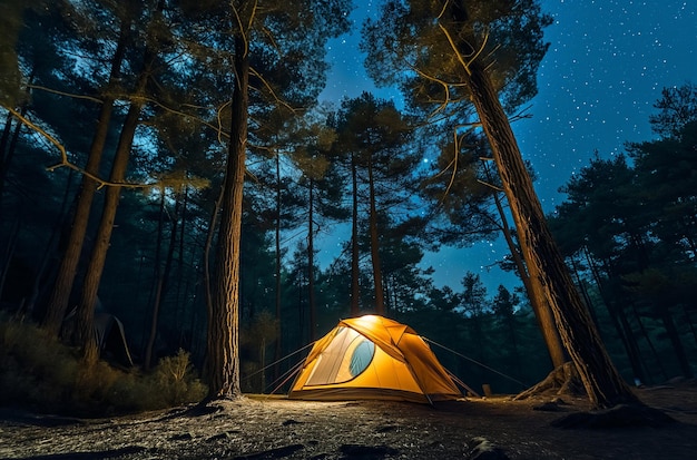 Zdjęcie nocne kemping namiot rozbity w lesie pod gwiezdnym niebem