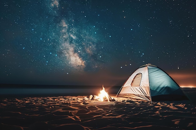 Nocne kemping pod gwiazdami z namiotem i ogniem na plaży