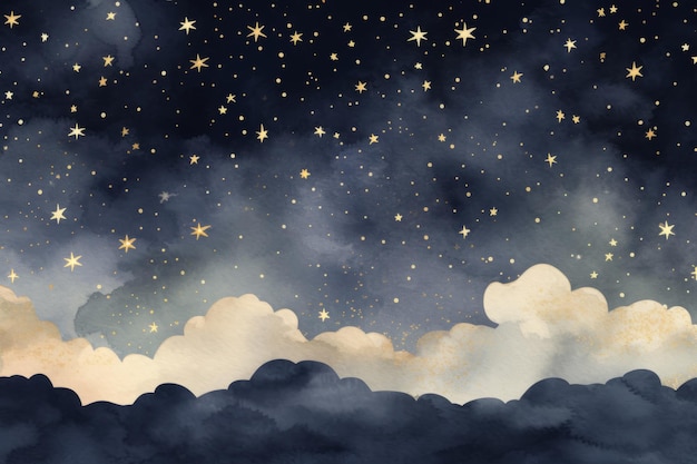 Nocne niebo Chmury i złote gwiazdy Ciemnoniebieskie tło akwarelowe
