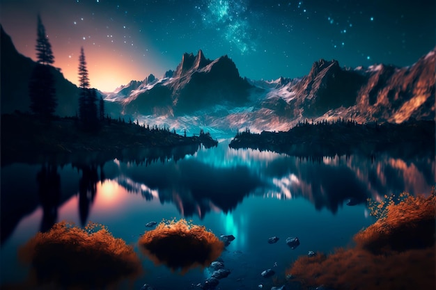 Nocne niebo gwiazdy nad górskim jeziorem Tło natury pięknej góry i jeziora w galaktyce rozgwieżdżonej nocy