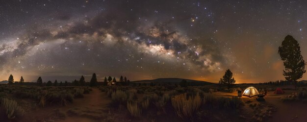 Zdjęcie nocne niebo, kemping, droga mleczna, galaktyka, namiot, blask, spokojna pustynia.