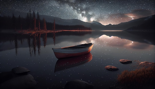 Nocne niebo nad spokojnym górskim jeziorem odzwierciedla generatywną sztuczną inteligencję gwiazd
