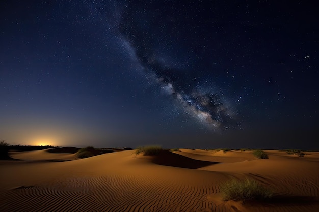 Nocne niebo nad wydmami rozległej pustyni z jasno świecącymi gwiazdami stworzone za pomocą generatywnej sztucznej inteligencji