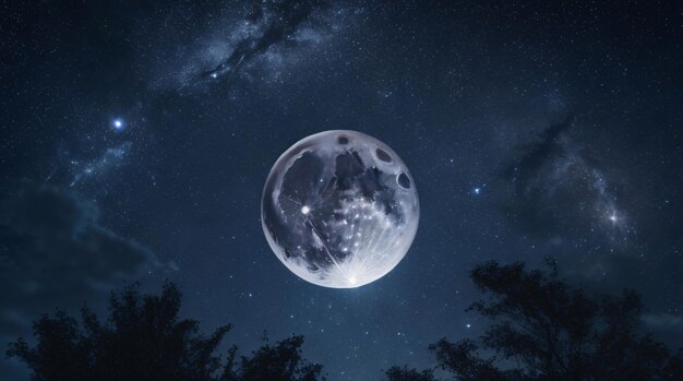Nocne niebo pełne gwiazd, pełnia księżyca i świecący biały krąg w środku.