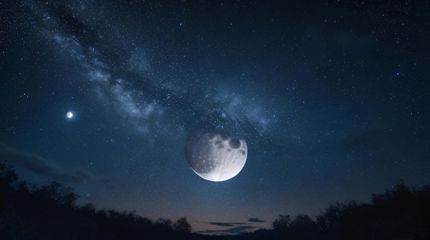 Nocne niebo pełne gwiazd, pełnia księżyca i świecący biały krąg w środku.