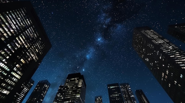 Zdjęcie nocne niebo przepełnione wysokimi budynkami