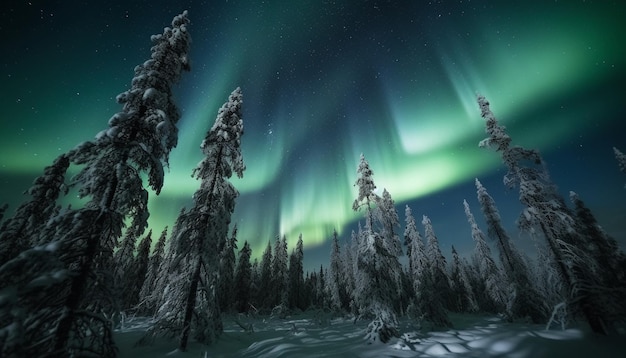 Nocne niebo świeci zorzą polarną nad zaśnieżonym lasem generowanym przez sztuczną inteligencję
