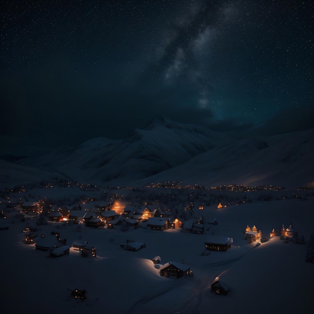 Nocne niebo wypełnione gwiazdami i śnieżna góra z niebem w kształcie gwiazdy.