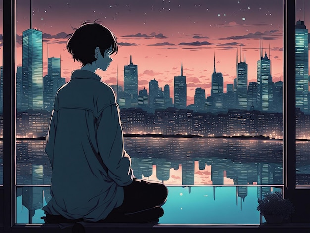 Nocne odbicia lofi manga tapeta smutnej, ale pięknej sceny z krajobrazem miasta