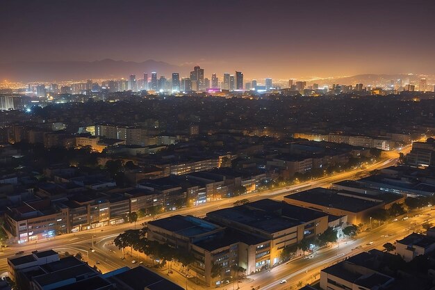 Nocne panoramy centrum Meksyku z jasno oświetlonymi przedmieściami na tle