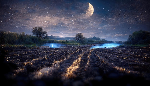 Nocne pole i rzeka pod ciemnym rozgwieżdżonym niebem z pełnią księżyca