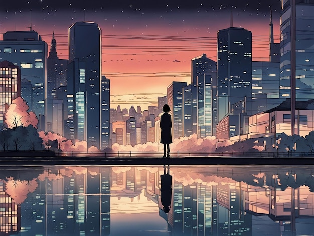 Nocne refleksje Lofi Manga, tapeta smutnej, ale pięknej sceny z pejzażem miejskim
